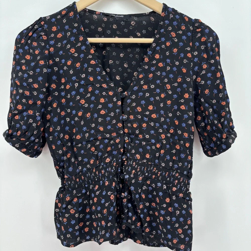 Madewell Womens Blouse XS Black Floral V-Neck Smocked Peplum Top Romantic Boho